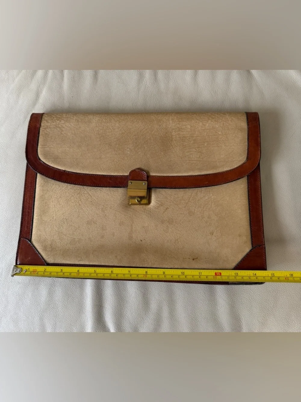 Vintage Leather Briefcase in Beige with Brown Trim